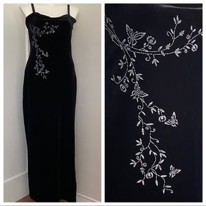 Soft black plus size velvet vintage 90s maxi dress with glitter butterfly detail
